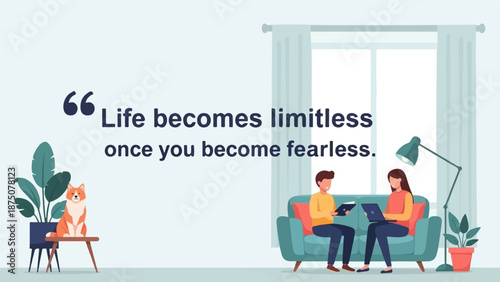 An illustration of two people relaxing on a couch with a dog, plants, and a motivational quote