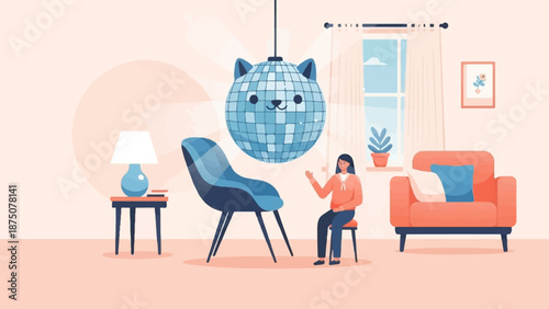 Cozy room with a person, cat-faced disco ball, modern furniture, and natural light from a window