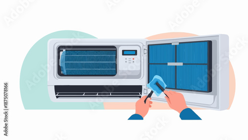 Hands cleaning an open air conditioning unit filter with a brush, ensuring fresh air quality
