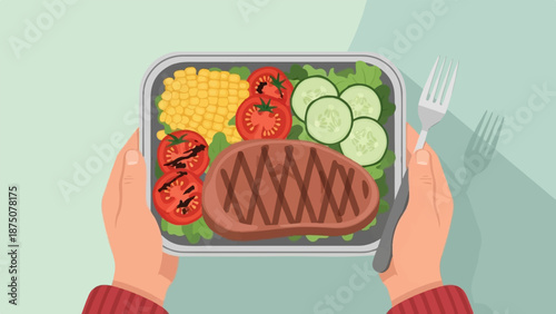 Hands hold a meal prep container with grilled steak, corn, sliced tomatoes, cucumbers, and lettuce, next to a fork