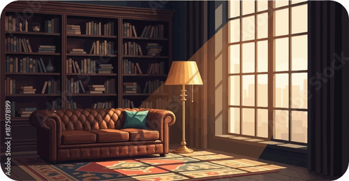 Cozy study room with a large bookshelf, tufted leather sofa, elegant floor lamp, and sunlit window
