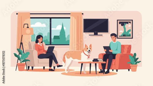Illustrated couple, a dog, working and relaxing at home in a cozy, modern living room setup