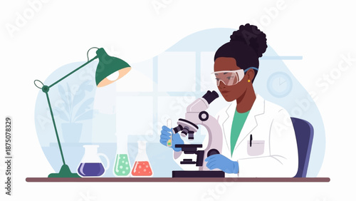 Illustrated dark-skinned female scientist in lab coat and glasses examining sample with a microscope