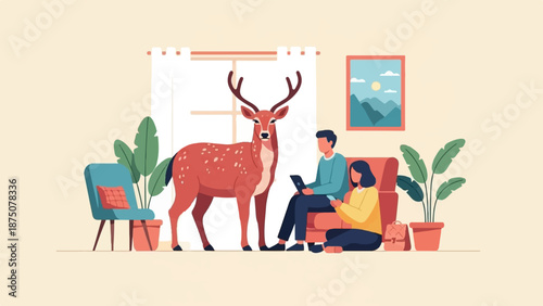 An indoor scene with a large deer, two people using devices, plants, and furniture in a minimalist style