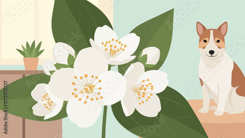 Cute dog sitting beside a jasmine plant with white flowers and green leaves, a succulent in background