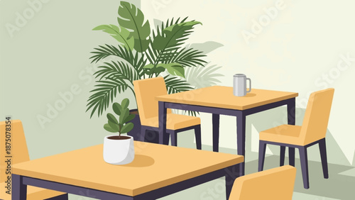 An inviting cafe scene with empty tables, chairs, and lush green potted plants, offering a calm atmosphere
