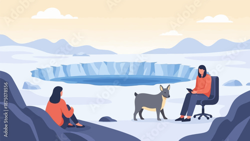 Digital illustration of two figures and a dog in an icy, snowy landscape with a frozen water body