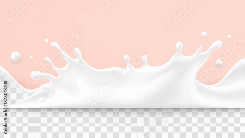 Dynamic white liquid splash and droplets against a soft pink background with a transparent base