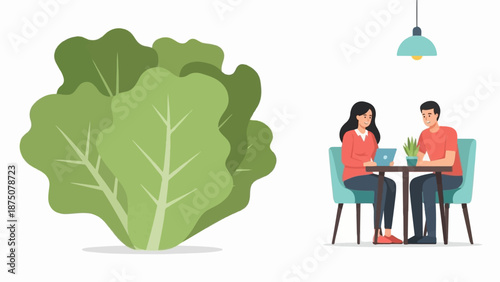 Illustration of a couple working on a laptop at a cafe table, with a large green bush nearby