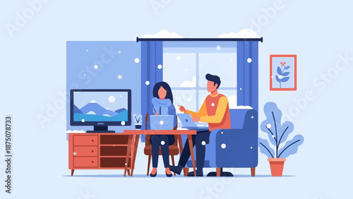 Illustration of a couple working on laptops indoors during winter, with snow falling outside a window