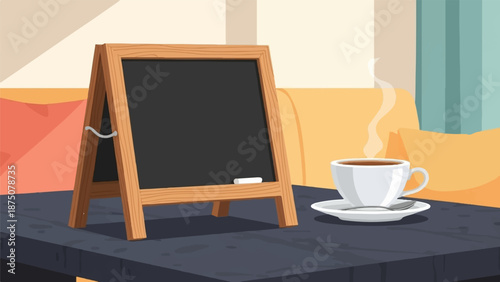 Illustration of a cozy cafe scene with a steaming cup of coffee, spoon, and blank chalkboard on a table