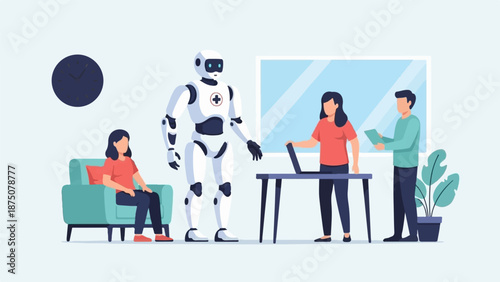 Illustration of a diverse group of people and a robot collaborating in a modern office environment