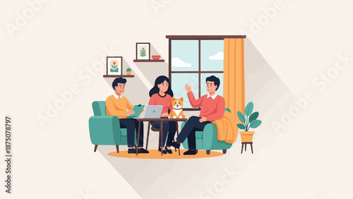 Illustration of a family, including a dog, gathered in a cozy living room at home