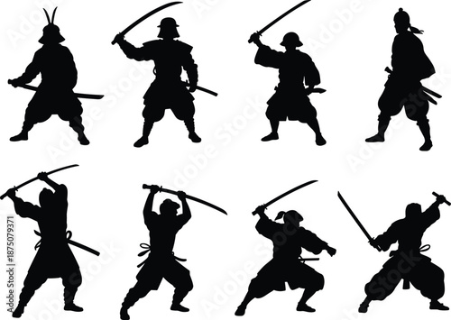 Samurai warrior silhouettes performing katana sword combat poses, traditional Japanese fighters action set, martial arts battle, black vector illustration