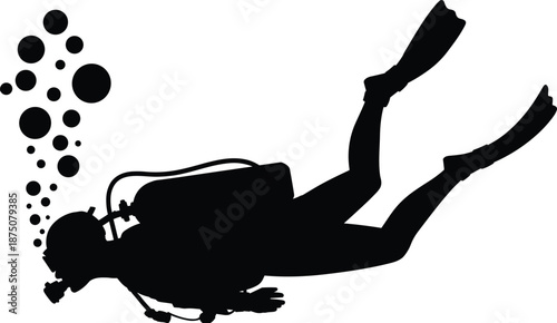 Scuba diver silhouette underwater with air bubbles, professional diving activity, ocean exploration concept, black vector illustration, isolated design