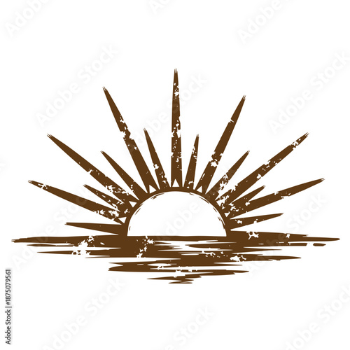 Drawing Vintage Brown sun rising over water with rays  sunny morning graphic element