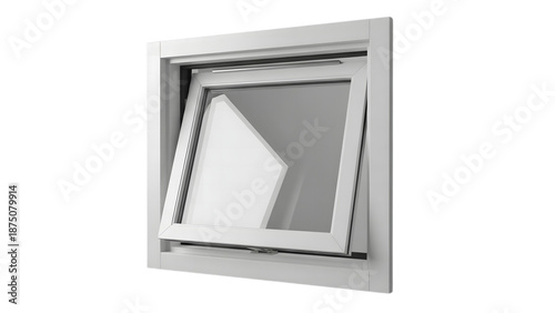 Top hung awning window open outward with white vinyl frame