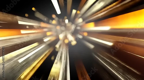 Abstract golden and white light rays bursting from a central point, creating a dynamic tunnel effect.