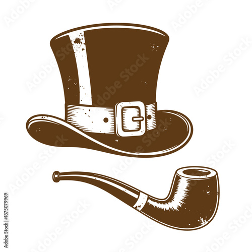 Drawing Vintage Brown top hat and smoking pipe isolated on white background