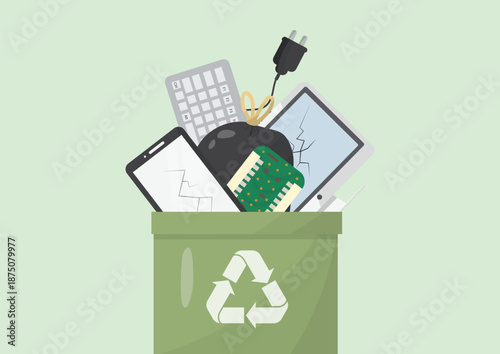 Electronic Waste Recycling Bin with Broken Devices. E-waste disposal. Corporate e-waste strategy. Responsible e-waste disposal. Flat style. Vector illustration