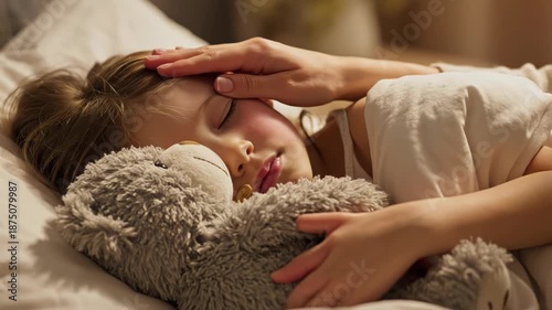 Tender moment of a mother caring for her sick child while holding a teddy bear in a cozy bedroom setting