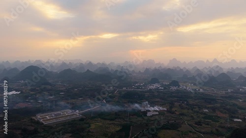Aerial Sunset View of Yangmeiling Karst Mountains in Yangshuo, Guilin, China