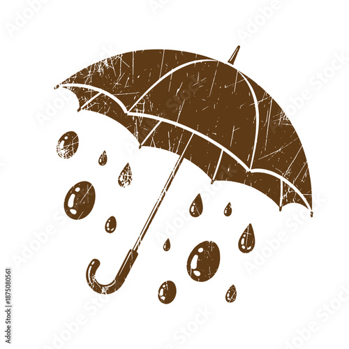 Drawing Vintage Brown vintage umbrella with rain drops on white background