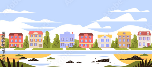 Colorful houses suburban neighborhood landscape river trees scenic nature background modern residential architecture exterior design