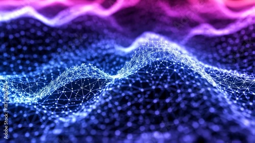 Abstract, 3D rendered illustration depicts a flowing network of points and lines in shades of blue and purple