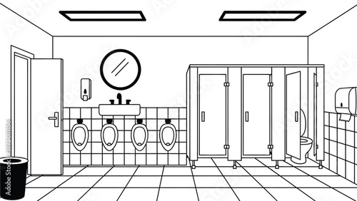 A cartoon illustration of a public restroom with blue and purple colors