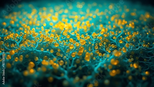 A macro view of an underwater microbial mat as a glowing, electric-blue mycelial network.