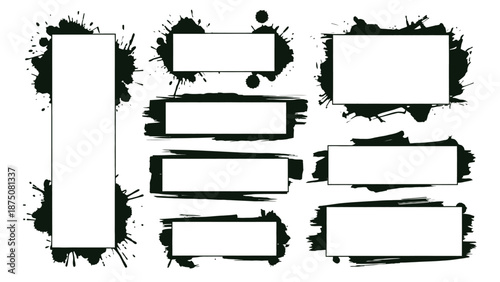 A colorful graphic design featuring paint splatters and blank text boxes