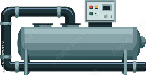 Horizontal shell and tube heat exchanger chiller with control panel and insulated piping for industrial HVAC refrigeration and chilled water plant equipment