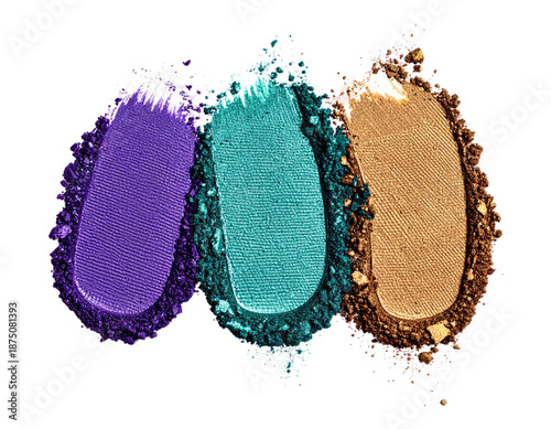 Colorful eyeshadow smears; purple, teal, and gold shades