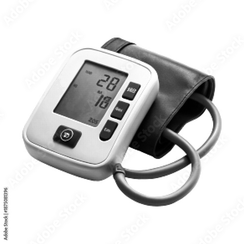 Black and white halftone illustration of a digital blood pressure monitor with cuff, symbolizing healthcare, medical measurement, hypertension control, home diagnostics, and heart health concept.