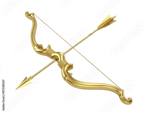 A stunning 3D render of an ornate golden bow and arrow, featuring intricate details and a polished metallic finish, set against a pristine white background with subtle reflections
