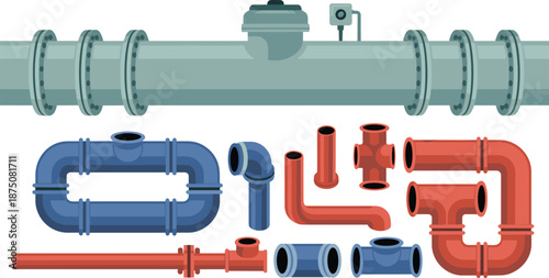 Industrial pipeline fittings illustration showing flanged joints, valves, elbows, tees, couplings, pipe segments, inspection ports, hydronic system layout for engineering