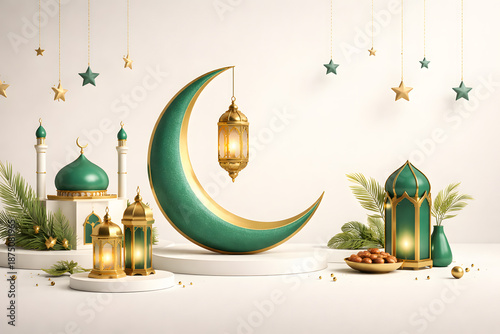 Minimal ivory landscape with emerald focal elements representing peaceful Eid visual background