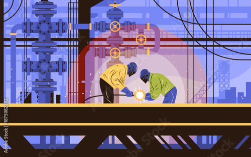 Industrial workers welding pipeline teamwork factory machinery sparks protective gear engineering construction site pipes valves blue yellow orange