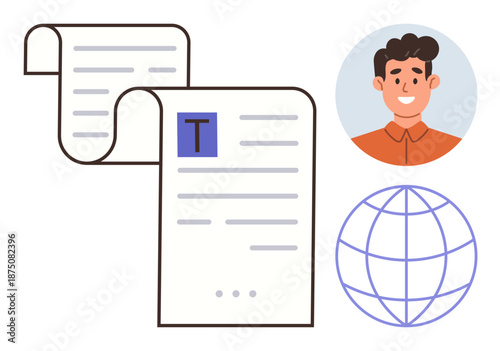 Online identity, content creation, digital marketing, global communication, data sharing, user accounts. A document, globe and smiling person icon. Online identity and content creation concept