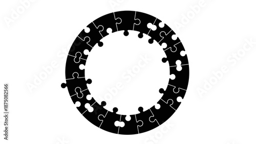 A black and white puzzle piece circle on a plain background