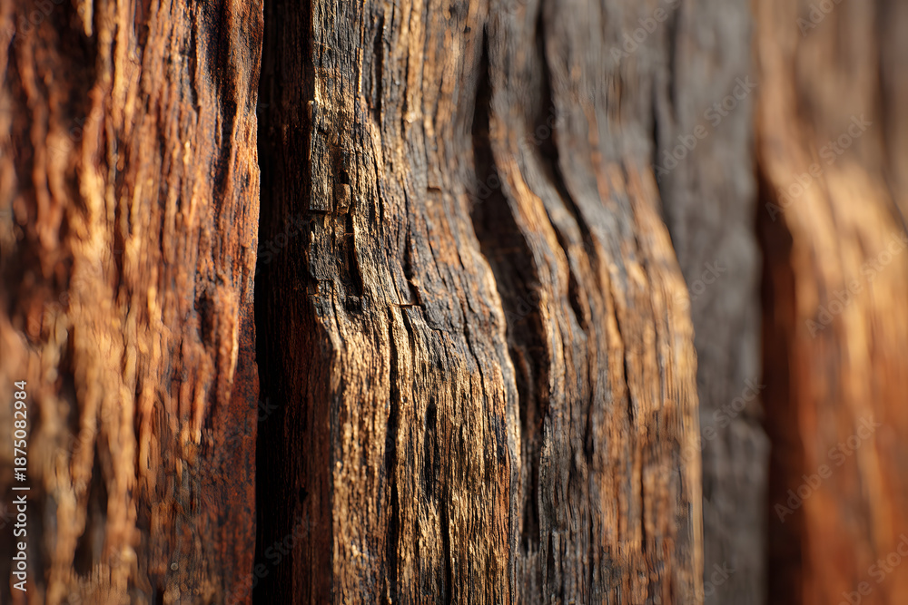 Fototapeta premium Close-up of vertical wood texture with rich warm brown tone and deep lines
