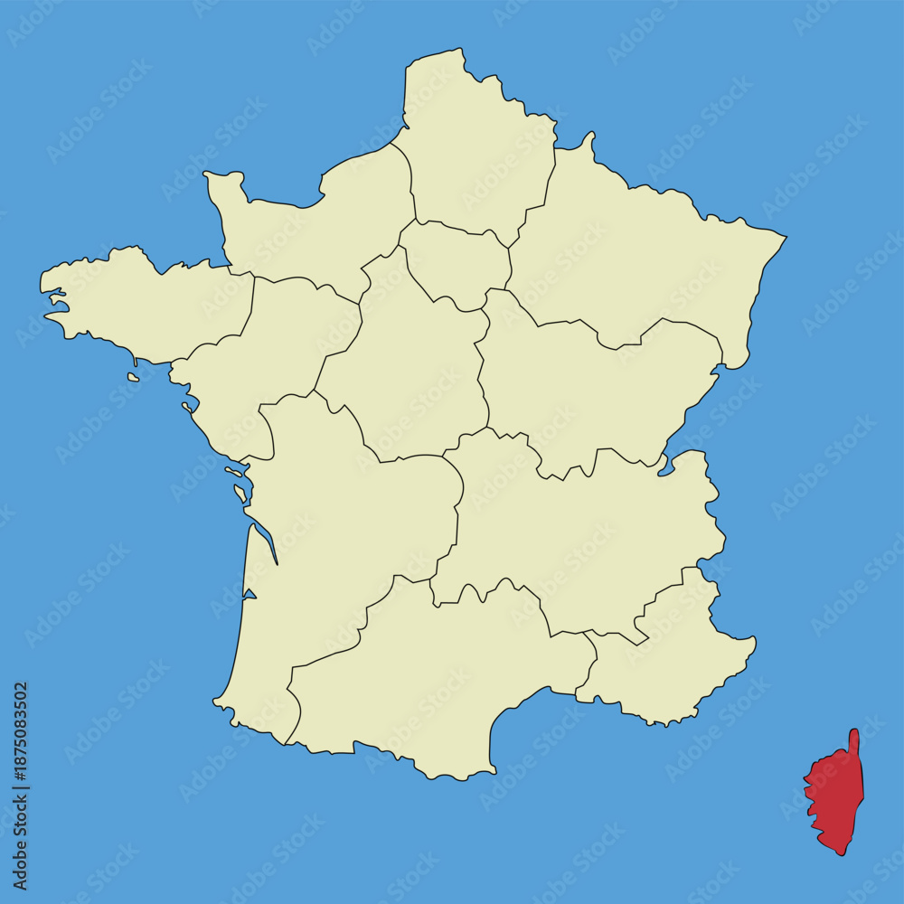 Fototapeta premium Map of Corsica on a vector map of France. Regions of France. Vector illustration.