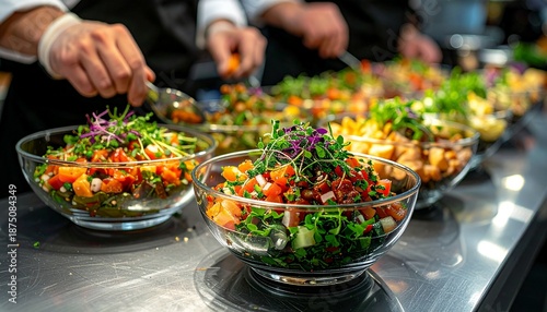 A chef prepares a fresh salad in a glass bowl on a stainless steel counter with various colorful ingredients.