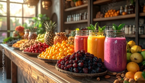 Fresh fruit smoothies displayed on rustic wooden table with vibrant fruits and shelves stocked with various bottles in the background