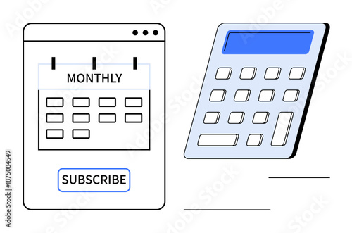 Budget management, subscription tracking, cost planning, financial tools, payment scheduling, personal finance. Monthly calendar and calculator displayed. Budget management and subscription tracking