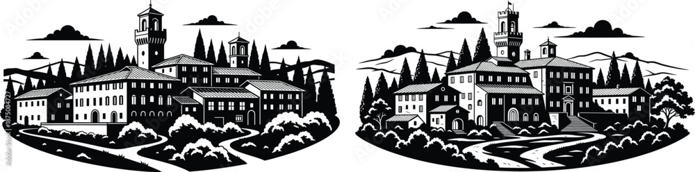 Fototapeta premium Tuscan countryside villages with roads and cypresses, scenic Italian landscape in silhouette style