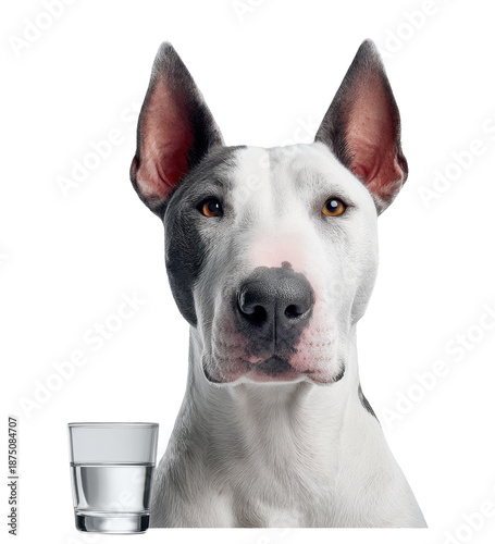 Dog portrait with water glass studio setting photography close-up pet care
