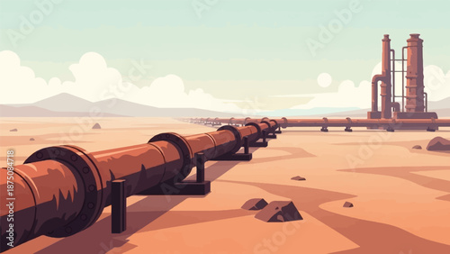 Pixel art of a pipeline in a barren desert leading to an industrial facility under a cloudy sky