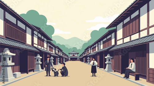 Pixel art of a traditional street scene featuring people, stone lanterns, historic buildings, and a dog